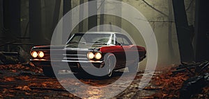 classic car on road in autumn in the fog in the foggy forest in the evening. The mystical atmosphere of a detective