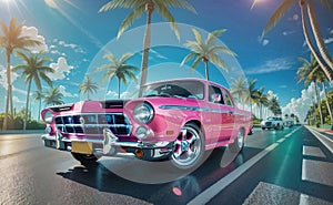 A classic car on the road with palm tree background
