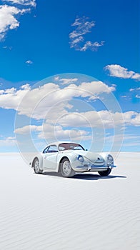 classic car in a stunning desert landscape with expansive blue skies above.