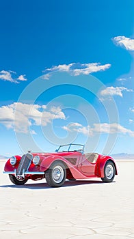 classic car in a stunning desert landscape with expansive blue skies above.