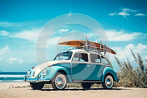 Classic car with surfboard on the roof rack parked by the beach. By Generative AI.