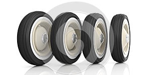 Classic car tyres isolated on white. 3d illustration