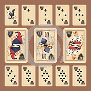 Classic cards of Spades suit on a green background. Original design. Vector illustrations