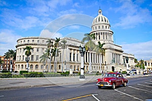 Classic cars in front of the Capitol in Havana. Cuba