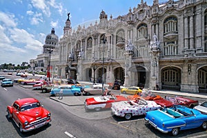 Classic cars in front of the Capitolio in Havana, Cuba.