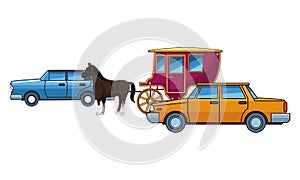 Classic cars and horse carriages vehicles