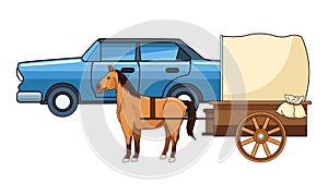 Classic cars and horse carriages vehicles