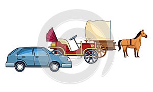 Classic cars and horse carriages vehicles