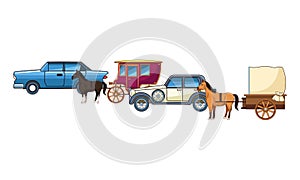 Classic cars and horse carriages vehicles