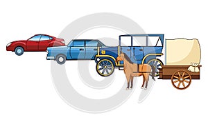 Classic cars and horse carriages vehicles