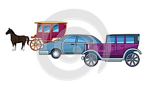 Classic cars and horse carriages vehicles