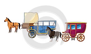 Classic cars and horse carriages vehicles