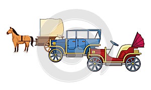 Classic cars and horse carriages vehicles