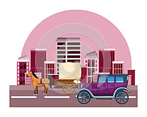 Classic cars and horse carriages vehicles