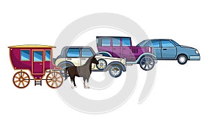Classic cars and horse carriages vehicles