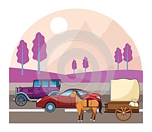 Classic cars and horse carriages vehicles