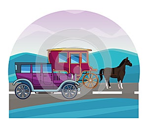 Classic cars and horse carriages vehicles