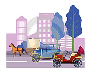 Classic cars and horse carriages vehicles