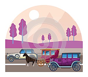 Classic cars and horse carriages vehicles