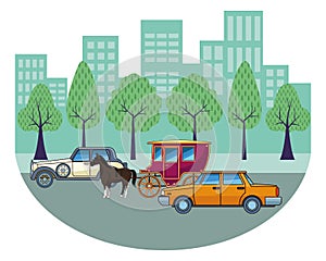 Classic cars and horse carriages vehicles