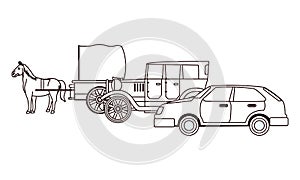 Classic cars and horse carriages vehicles in black and white