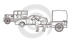 Classic cars and horse carriages vehicles in black and white