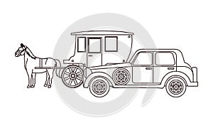 Classic cars and horse carriages vehicles in black and white