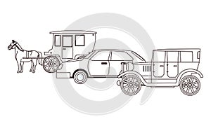 Classic cars and horse carriages vehicles in black and white