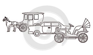 Classic cars and horse carriages vehicles in black and white