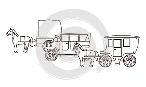 Classic cars and horse carriages vehicles in black and white