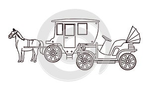 Classic cars and horse carriages vehicles in black and white