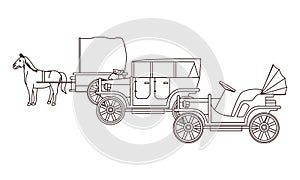 Classic cars and horse carriages vehicles in black and white