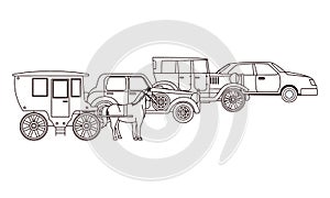 Classic cars and horse carriages vehicles in black and white