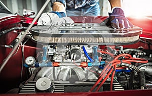 Classic Cars Mechanic and Big Block Muscle Car Engine