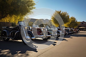 classic cars and motorcycles arranged in a row on a sunny day