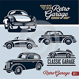 Classic cars. Retro cars garage. Mechanic on duty 24 hours.