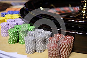 Classic casino roulette wheel and chips