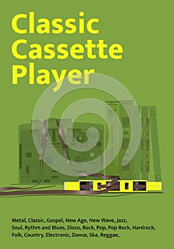 classic cassette tape player poster vintage layout green background and yellow headline