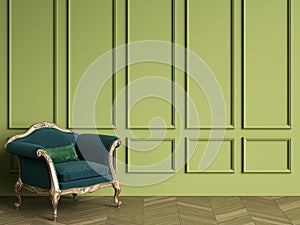 Classic chair in emerald green and gold color in classic interior with copy space
