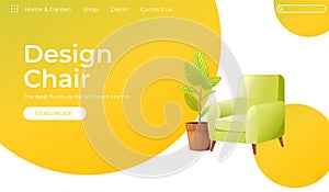 Classic Chair for your home interior design banner. Landing Page Website conept. Comfortable armchair with a plant in a