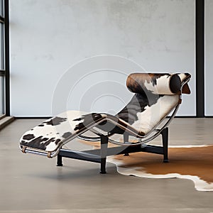 Classic chaise-longue chair with cowhide leather design, in a room with white wall and cowhide rug. Generative AI