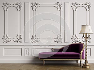 Classic chaise longue in classic interior with copy space