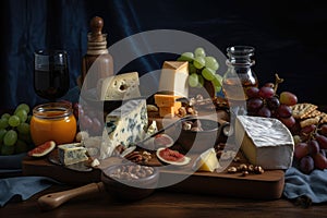 classic cheeseboard with variety of ferments and cheeses photo