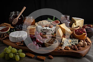 classic cheeseboard with variety of ferments and cheeses photo