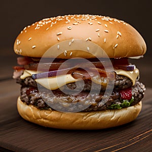 Classic cheeseburger with beef patty, cheese, tomato, onion, lettuce and ketchup mustard Fresh tasty burger on dark background