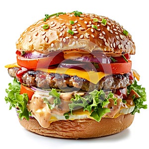 Classic cheeseburger with beef patty, pickles, cheese, tomato, onion, lettuce and ketchup