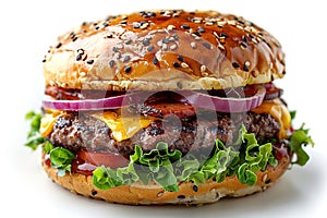 Classic cheeseburger with beef patty, pickles, cheese, tomato, onion, lettuce and ketchup