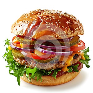 Classic cheeseburger with beef patty, pickles, cheese, tomato, onion, lettuce and ketchup