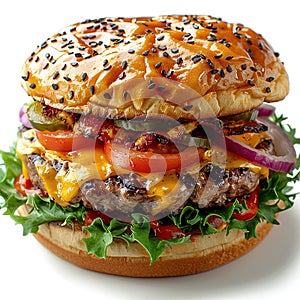 Classic cheeseburger with beef patty, pickles, cheese, tomato, onion, lettuce and ketchup