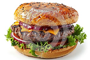 Classic cheeseburger with beef patty, pickles, cheese, tomato, onion, lettuce and ketchup